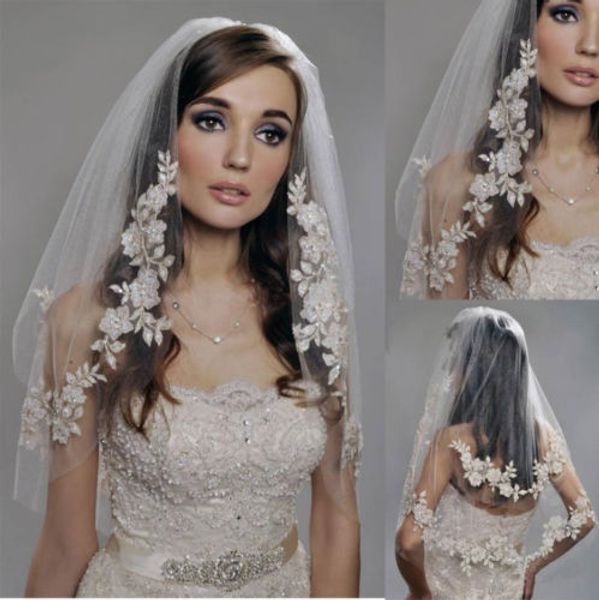 

amazing white ivory champagne lace applique wedding veil bridal veils elbow length two layer, Black