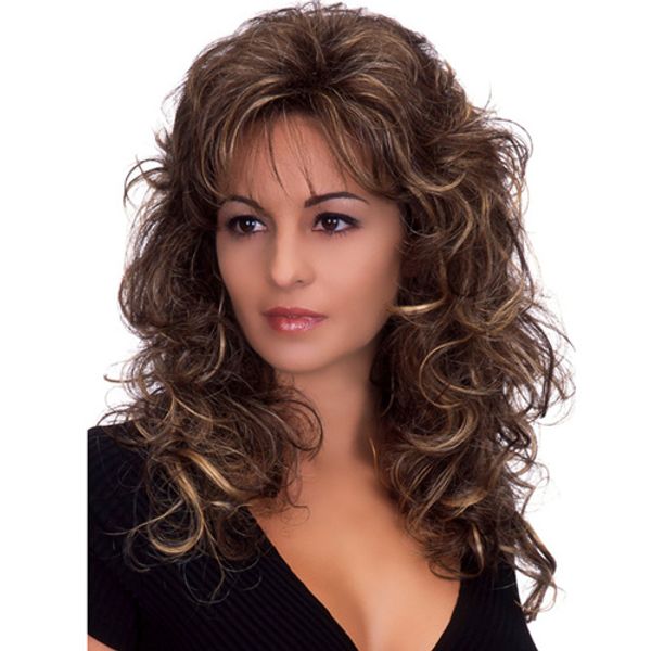 

long deep wave wig fluffy synthetic hair dark brown wigs full bang wig for women, Black