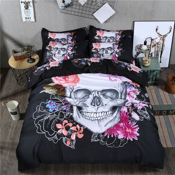 3d Sugar Skull Duvet Cover Pillowcase Black Floral Skulls Bedding