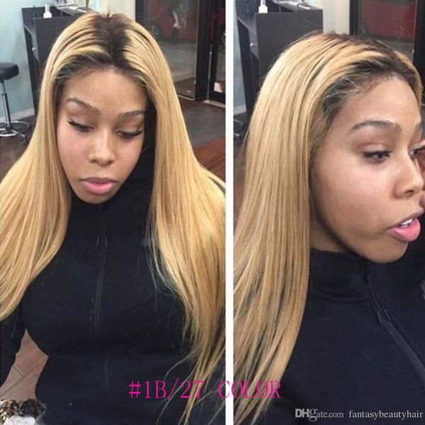 

ombre blonde #1b/99 and natural black human hair full lace wig peruvain virgin bleached knots 150% density front laces wis with baby hairs, Black;brown
