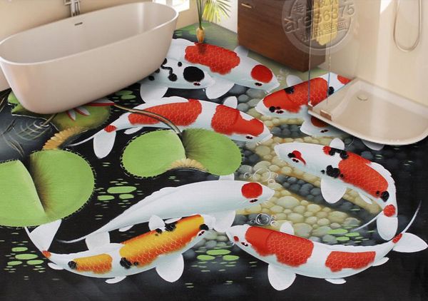 

pvc vinyl flooring 3d floor painting ground stickers nine fish figure lotus painting pvc wallpaper