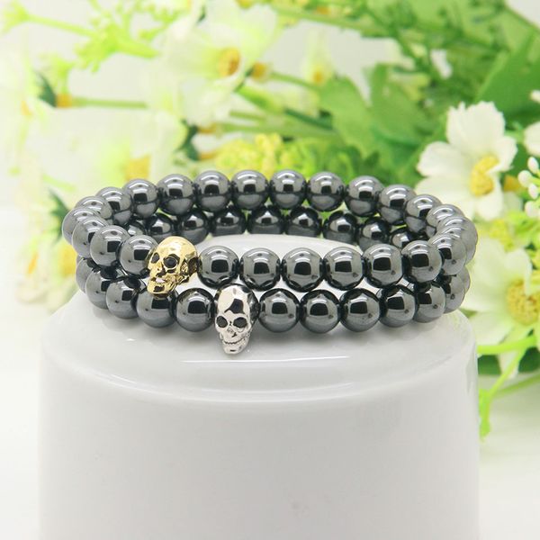 Whosale Leistungsstarker Modeschmuck, 8 mm schwarze Hämatit-Perlen mit Mikro-Pavé-CZ-facettierten Skelett-Schädel-Armbändern