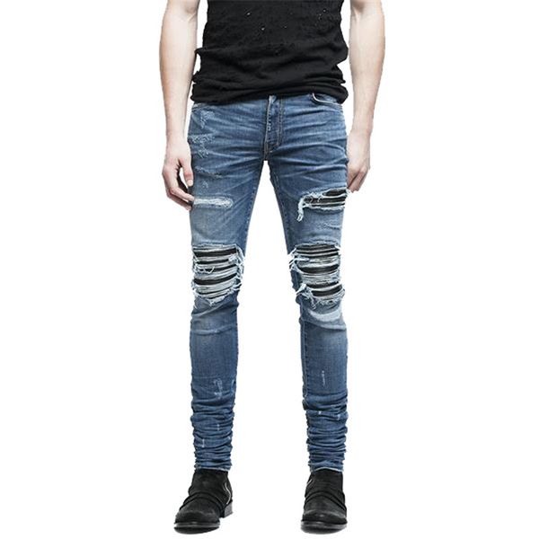 

wholesale- moruancle brand designer mens ripped biker jeans hi-street distressed moto denim joggers trousers leather patchwork black blue