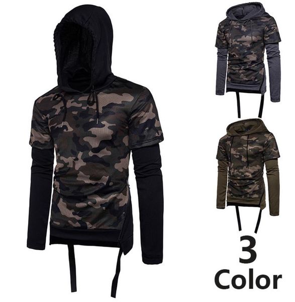 

camouflage hoodie male mesh pullover fake two piece patchwork hooded long sleeve incline side zipper slim fit for man sports hip pop hoodies, Black