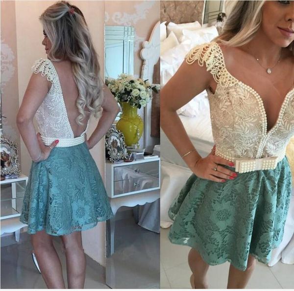 

2017 vestido formatura curto green homecoming dresses saudi arabic style sweetheart backless pearls lace sho min cocktail graduation dresses, Blue;pink