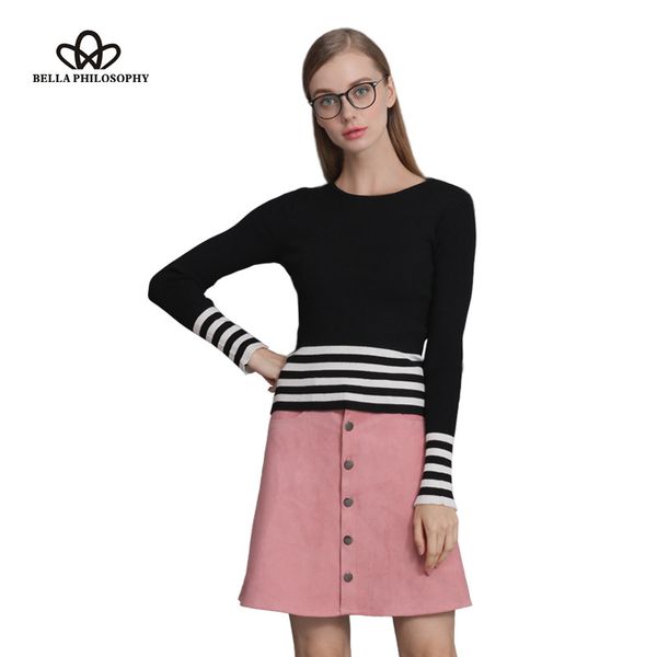 

wholesale- bella philosophy 2016 autumn winter new women's casual striped knitted pullover sweater black blue, White;black
