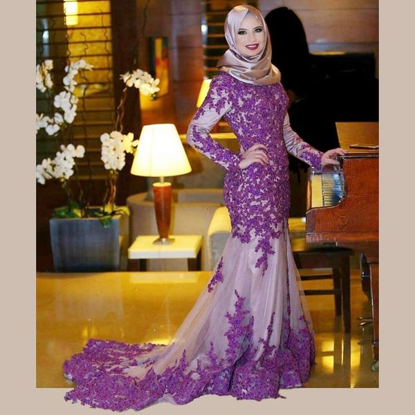 Sauditas roxo Sereia Vestidos Illusion manga comprida Jewel Neck Tribunal Trem Dubai Abaya Kaftan Robe De Soiree com laço apliques Prom