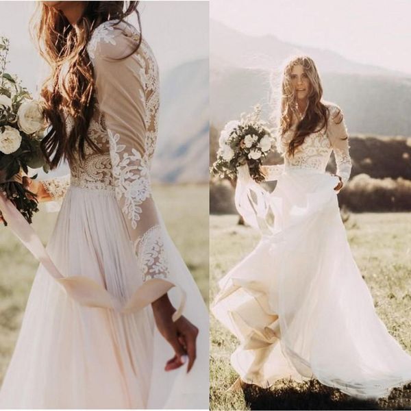 

bohemian country wedding dresses with sheer long sleeves bateau neck a line lace applique chiffon boho bridal gown cheap, White