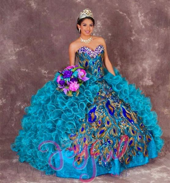 2022 Pavão Vestidos de Bola Bordado Quinceanera Vestidos com Grânulos Doce 16 Vestidos 15 Anos Prom QS1004