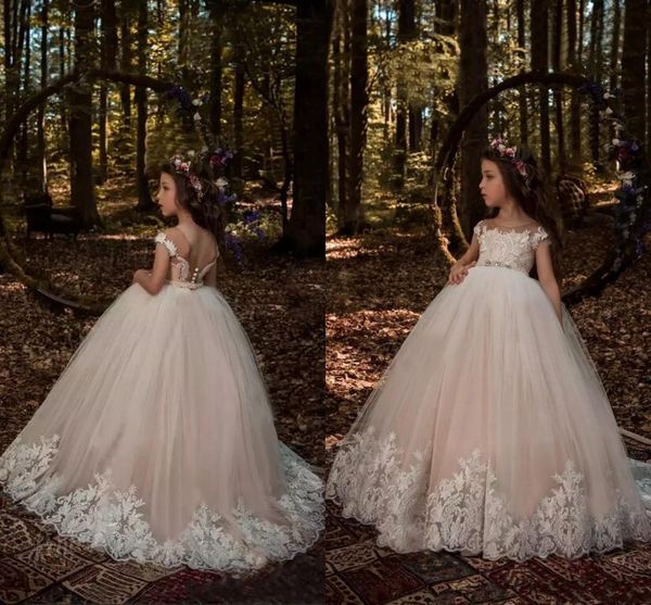 

2019 new arrival blu h pink flower girl dre e hort leeve heer neck lace applique kid formal wear child pageant gown for wedding