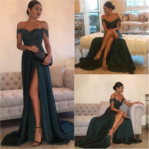 

2019 a-line prom dresses hunter green high-split cutout side slit lace evening gown off the shoulder formal party dress ba5320