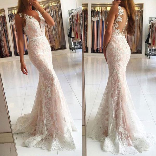 

deepv neck sleeveless natural waistline sweep train applique lace pink mermaid prom dress illusion back evening dress3783593, Black