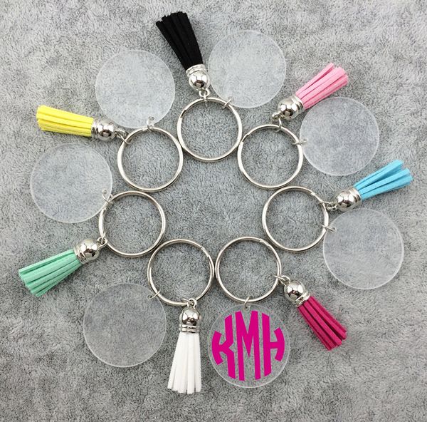 

blank monogram clear acrylic disc tassel keychain in stock, Slivery;golden