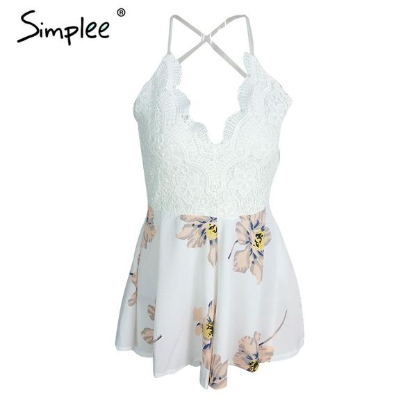 

simplee apparel strap white lace elegant jumpsuit romper backless chiffon summer playsuit women boho floral short overalls, Black;white
