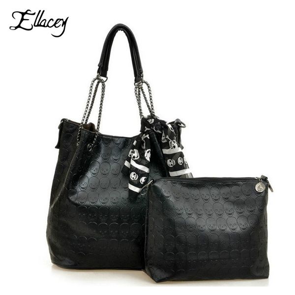 

wholesale-2016 vintage designs skull bag pu leather with silk scarf shoulder female bags women black skull handbags ladies casual tote bag