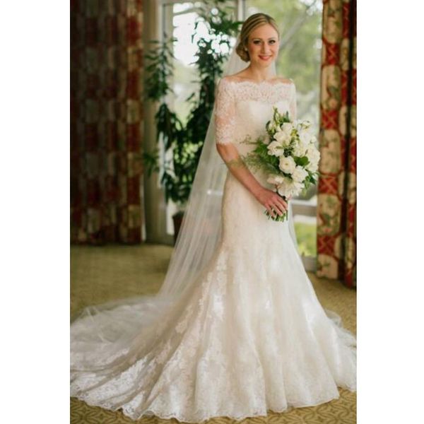 

elegant bateau neck mermaid wedding dress half sleeve appliques lace long bridal gowns vestidos de novia, White