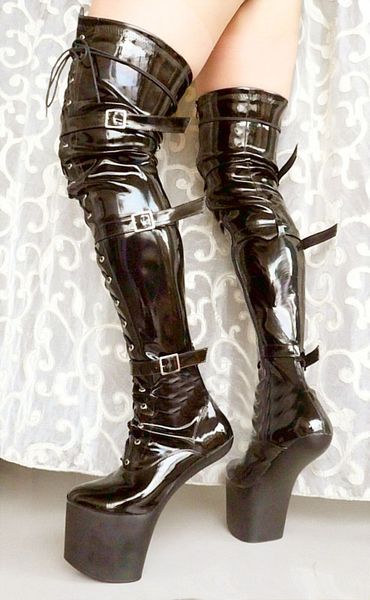 20 cm hohe Sex-Stiefel, PU-Plattform, Hufabsätze, Overknee-Stiefel, US-Größe 6–14, Nr. WG09B