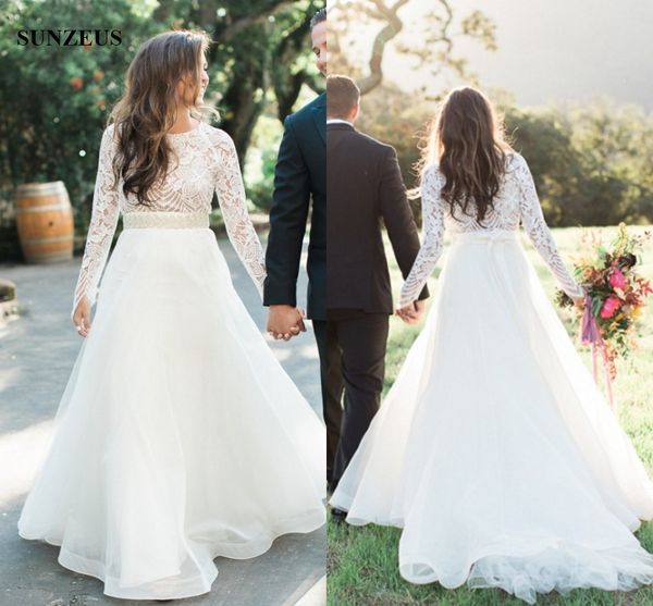 

vintage lace long sleeve wedding dresses long organza bridal gowns country marriage dress with beaded sash, White