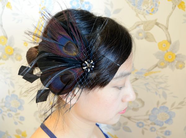 Natural Brown Bridal Feather Fascinator With Black Crystal Wedding