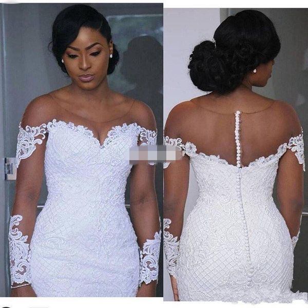 

Sexy 2016 Fall Plus Size Mermaid Wedding Dresses Jewel Illusion Sweep Train Long sleeve Lace Appliques Covered Button 2017 Wedding Gowns