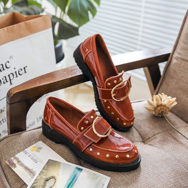 

oxfords rivet toe loafers woman england vintage round women style for patent fashion chic metal buckle casual flats shoes women bevic, Black