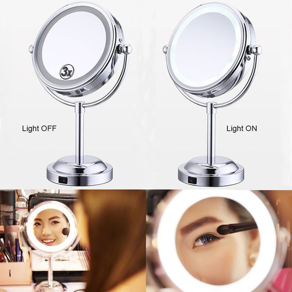 

6 дюймов 3x увеличение макияж led подсветка зеркало dual 2-стороннее круглые 360 градусов вращающихся косметическое зеркало подставки лупа з