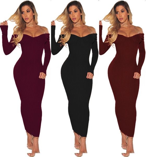 

fashion plus size women clothing autumn dress long sleeve off shoulder slash neck bodycon slim knitted sweater dress party clubwear, Black;gray