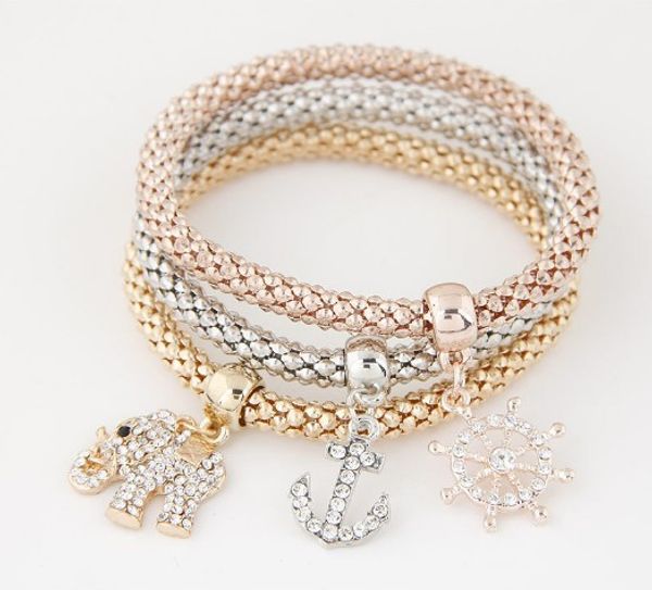 

trendy stretch corn chain bracelet steering wheel anchor elephant three in one gold /silver /rose gold corn chain bracelet sets, Golden;silver