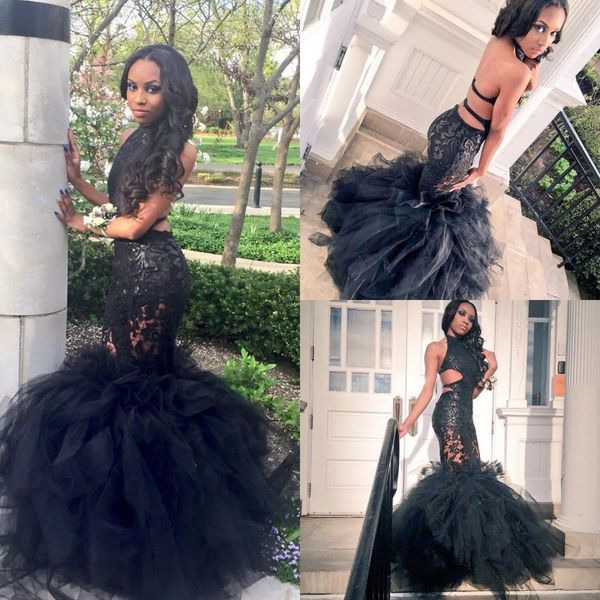 

2020 black girl prom dresses dubai halter neck cutaway side backless lace bodice mermaid tiered skirts evening party gowns ba2858
