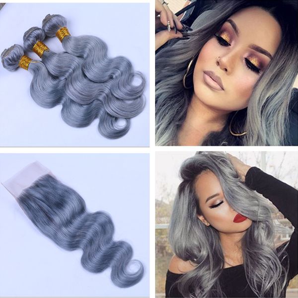 

Body wave grey virgin human hair weft with lace clo ure 3 bundle with clo ure 4x4 brazilian ilver grey hair exten ion with clo ure