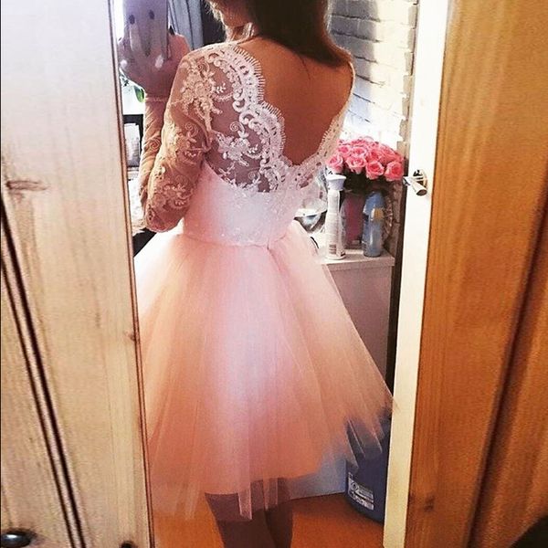 

cute blush pink short homecoming dresses bateau neck long sleeves lace tulle backless puffy light pink prom dresses, Blue;pink