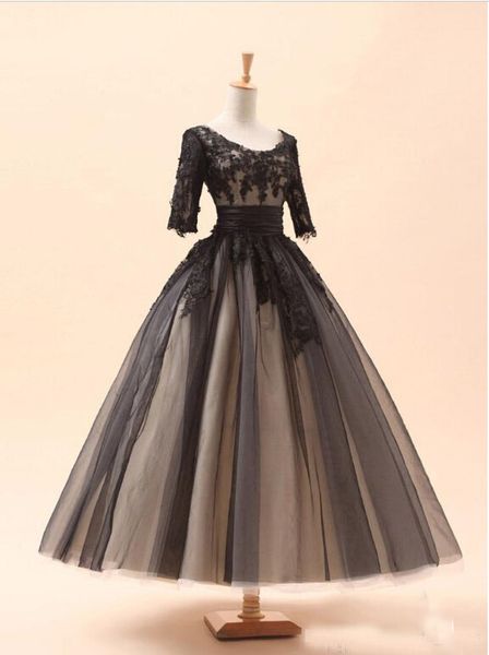 

Vestido de festa 2019 Чёрная аппликация Длина чая Вечерние платья с половиной рукавов Сово