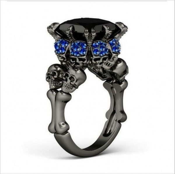 

brand punk jewelry skull 10kt black gold filled demon princess 5ct blue sapphire cocktail wedding bands ring for women men size 5-10, Slivery;golden