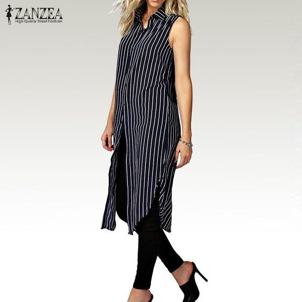 

wholesale- 2017 autumn zanzea women stripe print shirts dress ladies lapel sleeveless split hem casual loose long vestidos plus size, White;black