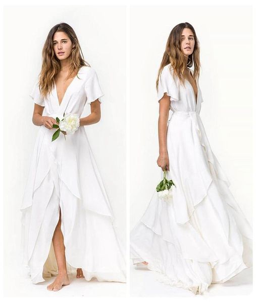 

slits skirts romantic beach bohemian wedding dresses short sleeves deep v neck layered train silk satin chiffon bridal gowns, White