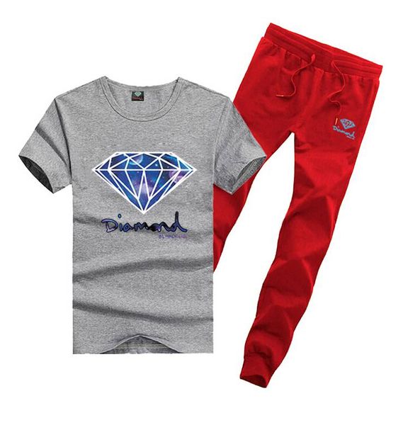 

d81 s-5xl new men tracksuits leisure diamond supply t-shirt and long pants suit o-neck elastic waist, Gray
