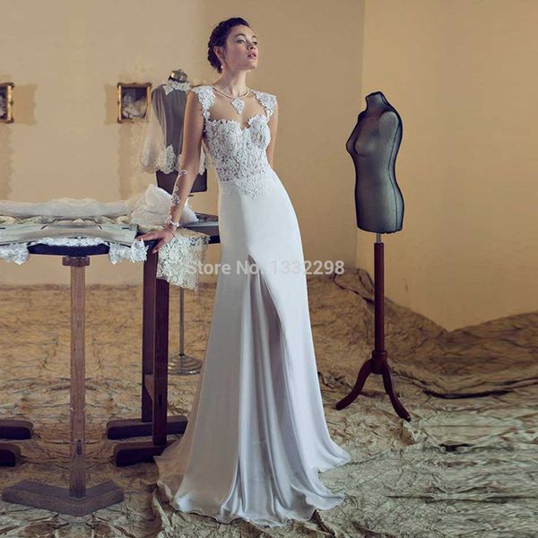 

Elegant Lace Applique Bridal Gowns Sheer Illusoin Neckline Sexy Long Wedding Dresses 2019 A-line See Through Vestido De Noiva