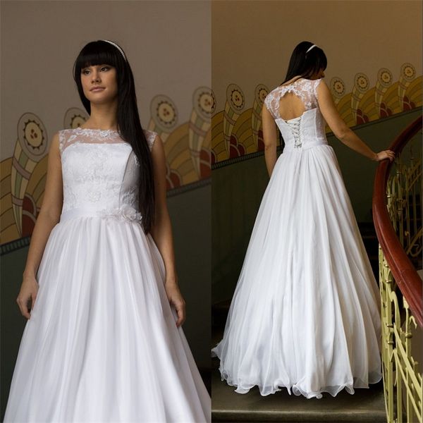 

vintage chiffon wedding dress with a-line illusion neckline lace corset open back romantic bridal wedding gown under 100 from china, White