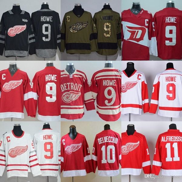 

factory outlet men's detroit red wings #9 gordie howe #10 delvecchid #11 alfredsson green red black white new ice hockey jerseys i, Black;red