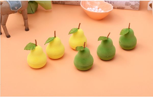 

[simple seven] cute fruit yellow/green pears ring box plastic flocking jewelry display ear studs case jewerly container, Black;white