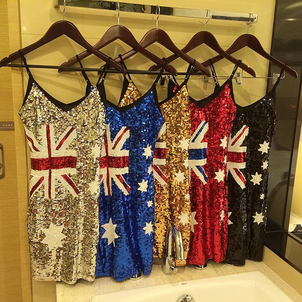 Moda feminina Saias bandeira australiana lantejoulas Vestido Sexy nightclub partido corpo magro Tops Personalidade vestir para meninas Hot Sale Frete grátis