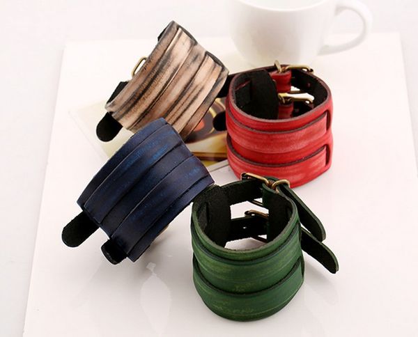 

vintage leather bracelet new men women double buckle wide leather wrap bracelets punk bracelet bangles mix colors sh, Black