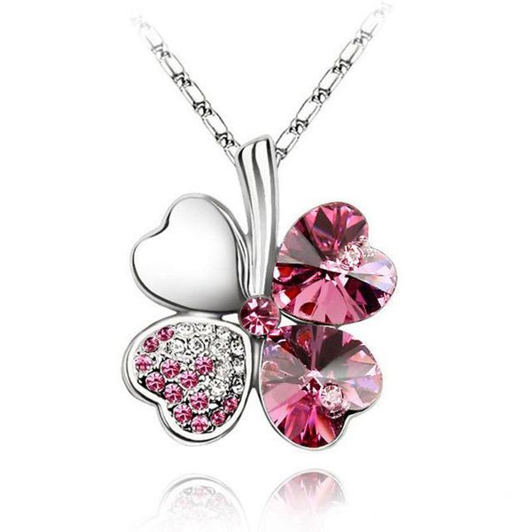 

wholesale- fashion austria crystal sweet style half rhinestone crystal clover pendant necklace, Silver