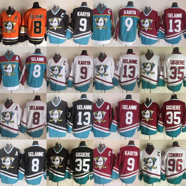 

#8 Teemu Selanne 9 Paul Kariya 13 Teemu Selanne 35 Jean-Sebastien Giguere Charlie Conway Mighty Ducks Hockey Jersey Hockey Jerseys