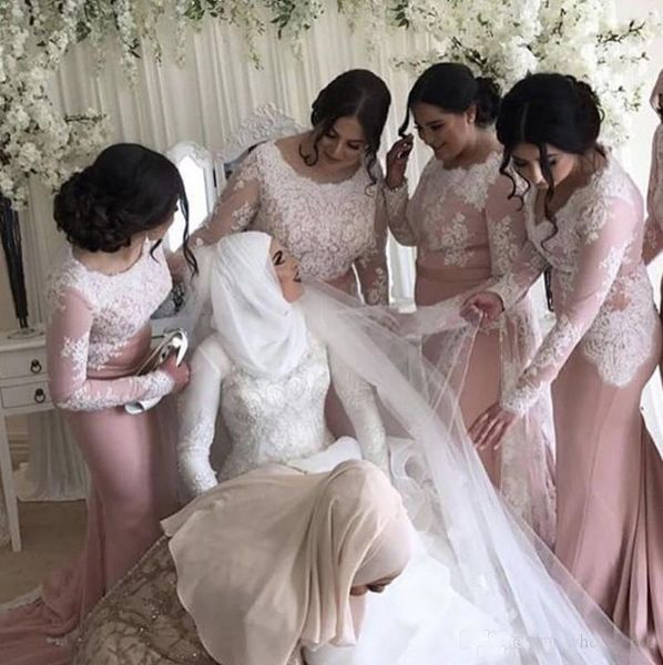 

long sleeves bridesmaid gowns lace applique mermaid modest bridesmaid dresses 2021 custom made formal dresses ing, White;pink