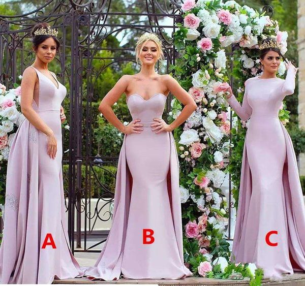 

2017 strapless stylish lace appliqued long bridesmaid dresses pink soft satin long sleeve wedding guest dress maid of the honour gowns, White;pink