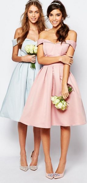 

knee length pink satin bridesmaid dresses simple off the shoulder pleated zipper formal party prom gowns junior wedding guest dress blue, White;pink