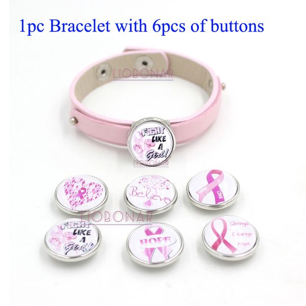 1 PÇ Pulseira 6 PÇS Botões Intercambiáveis Jóias de Couro Braceletes Fita Rosa Pulseiras de Conscientização do Câncer de Mama para Mulheres