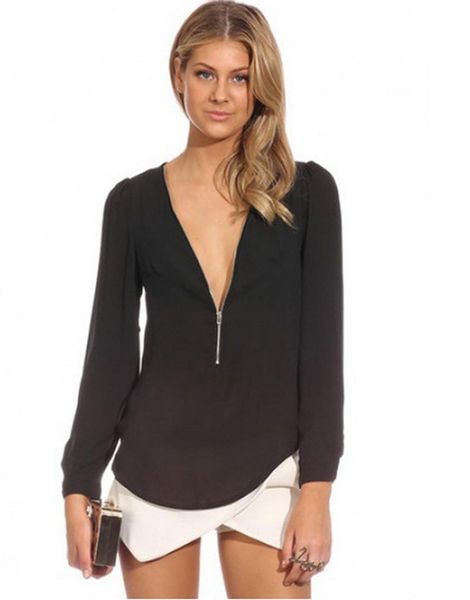 

2017 High-quality Women Blouses & Shirts deep v neck clothes Fashion Solid See Through Chiffon Shirt sexy Blouses female Shirts