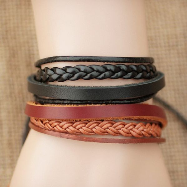 

мода многослойные кожаные браслеты ручной работы пара цепи браслет для мужчин женщин простой ретро стиль черный темный кофе браслет, Golden;silver